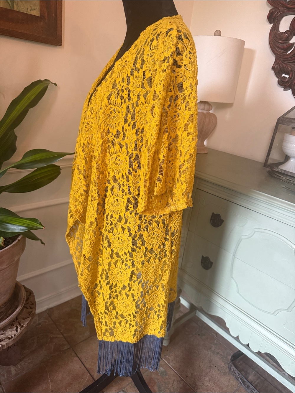 Vintage Boho Mustard Yellow Crochet Lace Kimono Cardigan With Blue Fringe